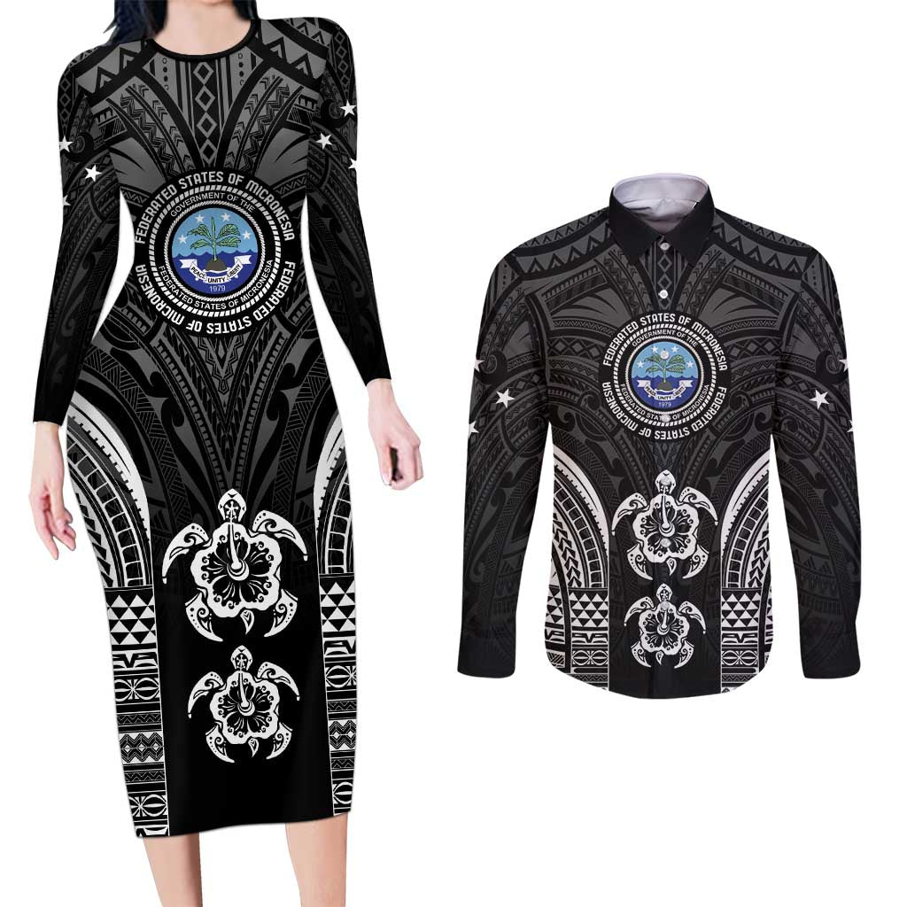 FSM Micronesia Six 9 One Couples Matching Long Sleeve Bodycon Dress and Long Sleeve Button Shirt Polynesian Tribal Pattern