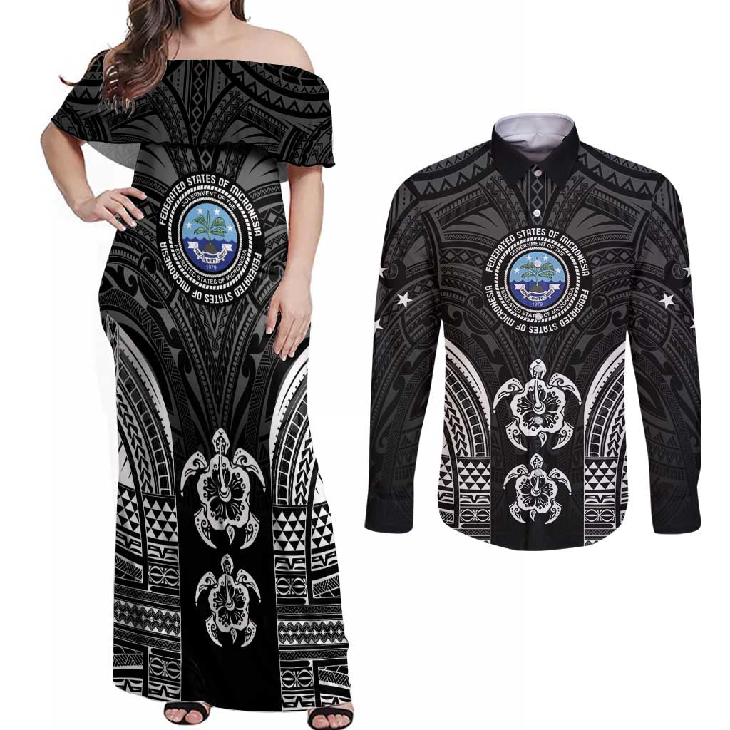 FSM Micronesia Six 9 One Couples Matching Off Shoulder Maxi Dress and Long Sleeve Button Shirt Polynesian Tribal Pattern LT9 Black - Polynesian Pride