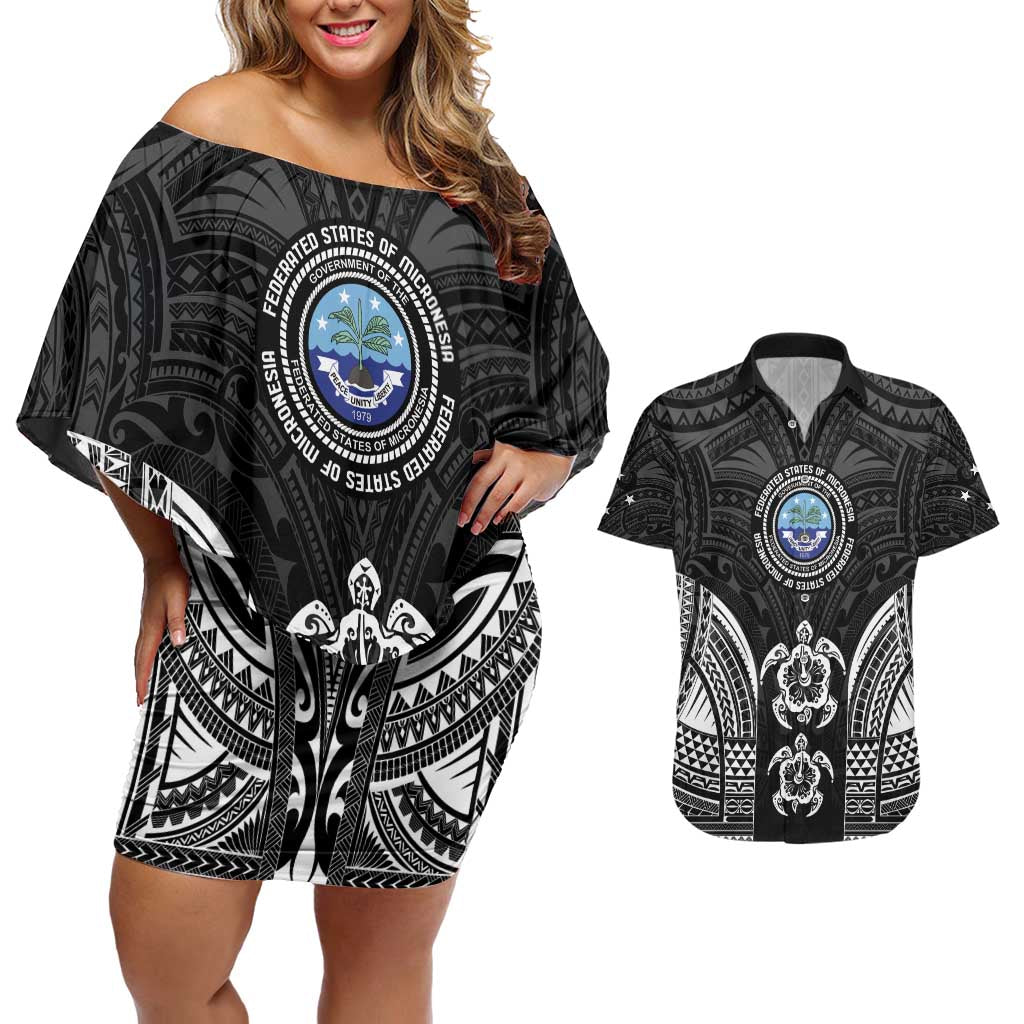 FSM Micronesia Six 9 One Couples Matching Off Shoulder Short Dress and Hawaiian Shirt Polynesian Tribal Pattern