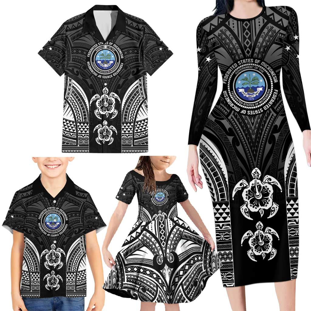 FSM Micronesia Six 9 One Family Matching Long Sleeve Bodycon Dress and Hawaiian Shirt Polynesian Tribal Pattern