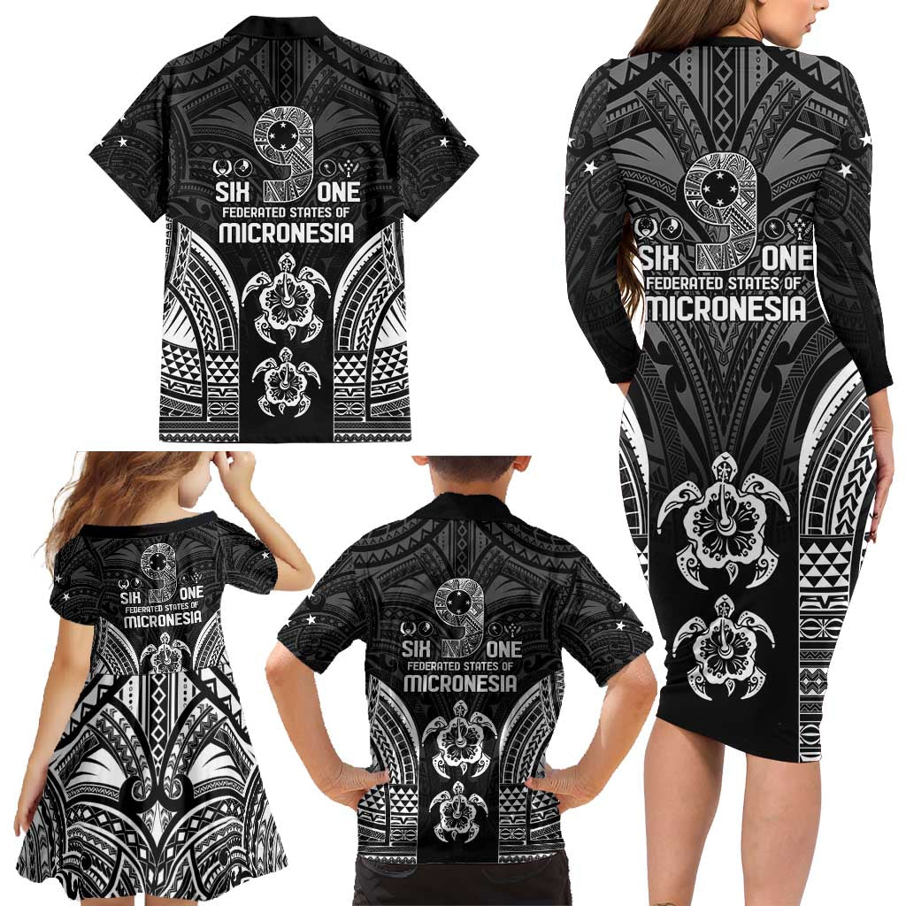 FSM Micronesia Six 9 One Family Matching Long Sleeve Bodycon Dress and Hawaiian Shirt Polynesian Tribal Pattern
