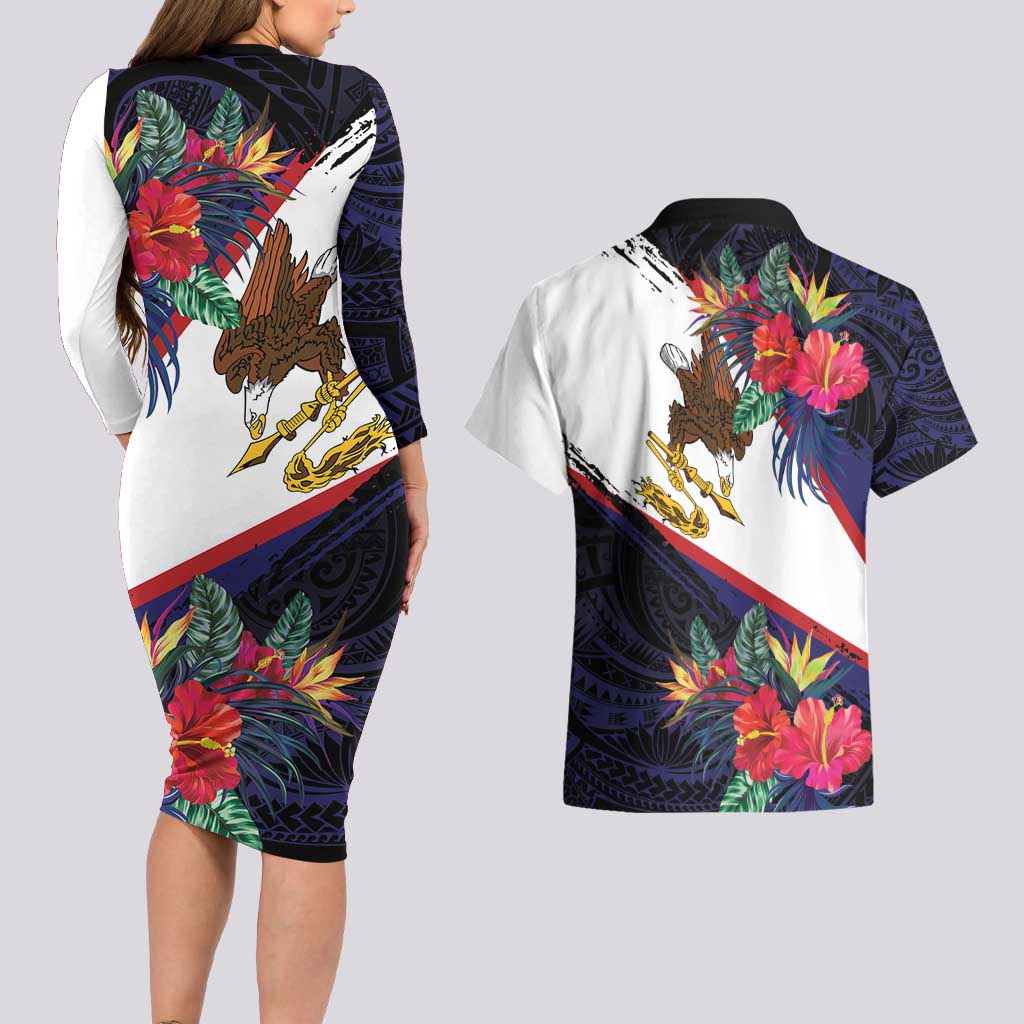 American Samoa Flag Day Since 1900 Couples Matching Long Sleeve Bodycon Dress and Hawaiian Shirt Samoa Muamua Le Atua Tropical Flowers