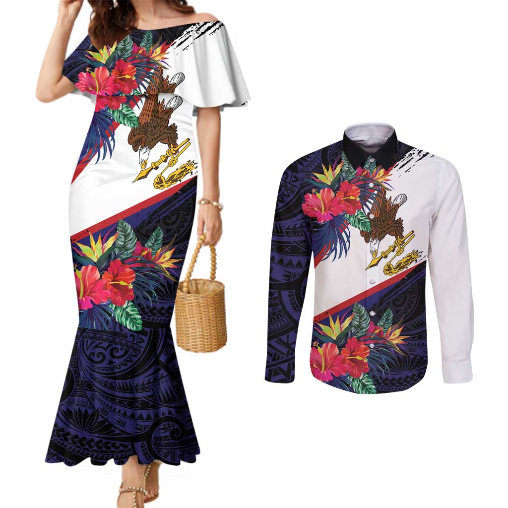 American Samoa Flag Day Since 1900 Couples Matching Mermaid Dress and Long Sleeve Button Shirt Samoa Muamua Le Atua Tropical Flowers