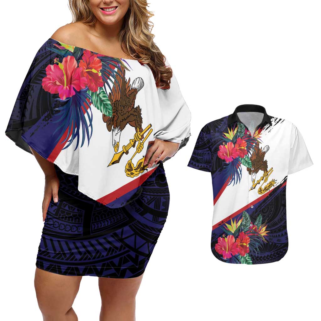 American Samoa Flag Day Since 1900 Couples Matching Off Shoulder Short Dress and Hawaiian Shirt Samoa Muamua Le Atua Tropical Flowers