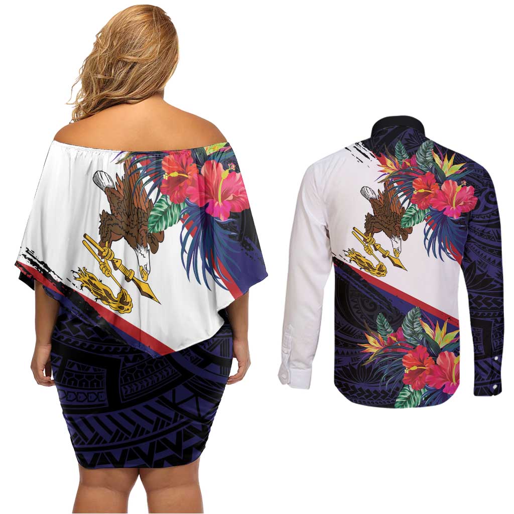 American Samoa Flag Day Since 1900 Couples Matching Off Shoulder Short Dress and Long Sleeve Button Shirt Samoa Muamua Le Atua Tropical Flowers