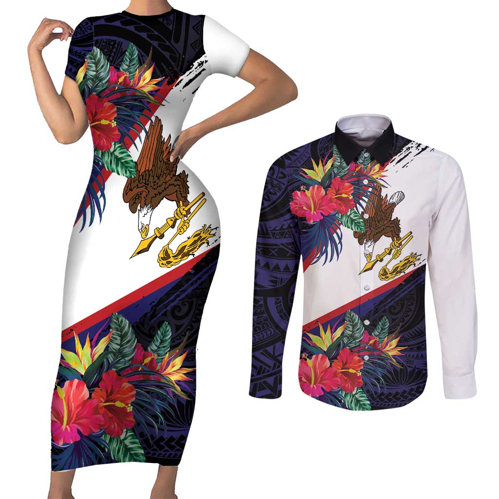 American Samoa Flag Day Since 1900 Couples Matching Short Sleeve Bodycon Dress and Long Sleeve Button Shirt Samoa Muamua Le Atua Tropical Flowers