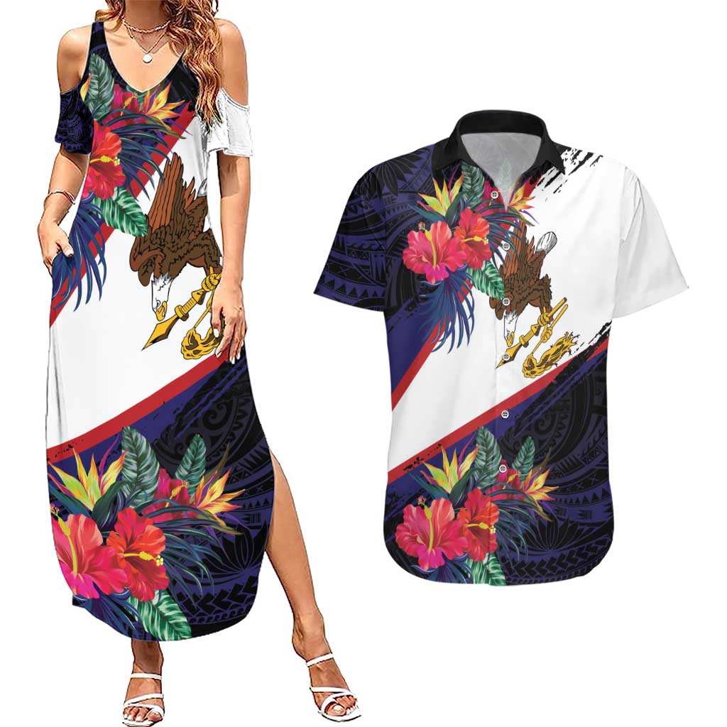 American Samoa Flag Day Since 1900 Couples Matching Summer Maxi Dress and Hawaiian Shirt Samoa Muamua Le Atua Tropical Flowers