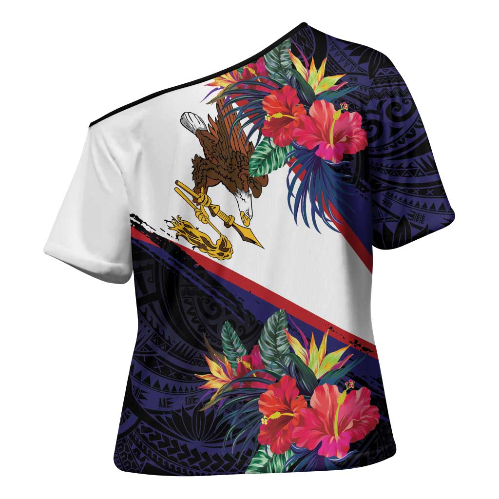 American Samoa Flag Day Since 1900 Cross Shoulder Shirt Samoa Muamua Le Atua Tropical Flowers - Polynesian Pride