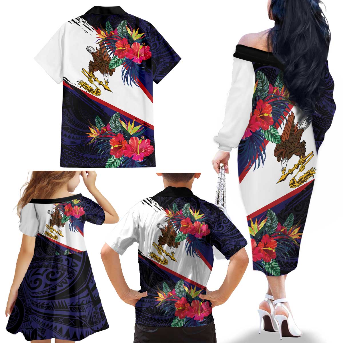 American Samoa Flag Day Since 1900 Family Matching Off The Shoulder Long Sleeve Dress and Hawaiian Shirt Samoa Muamua Le Atua Tropical Flowers