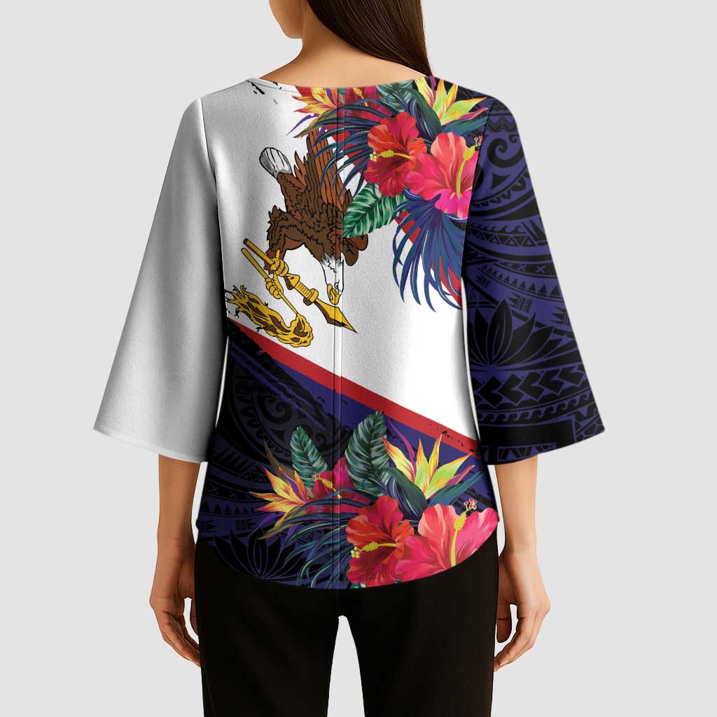 American Samoa Flag Day Since 1900 Kimono Sleeve Blouse Samoa Muamua Le Atua Tropical Flowers - Polynesian Pride