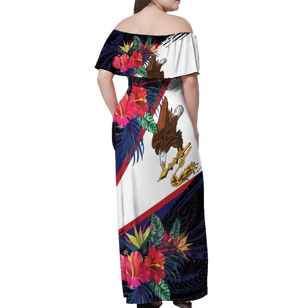 American Samoa Flag Day Since 1900 Off Shoulder Maxi Dress Samoa Muamua Le Atua Tropical Flowers