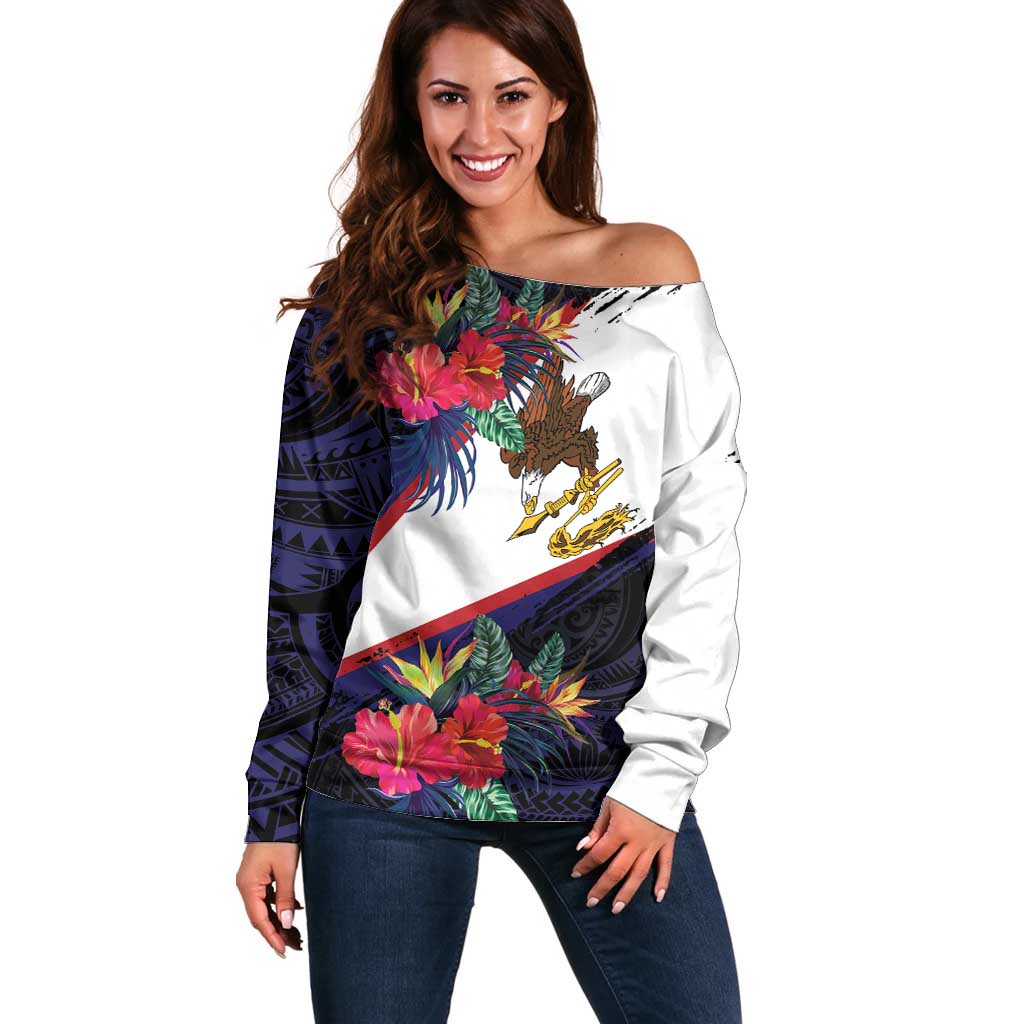 American Samoa Flag Day Since 1900 Off Shoulder Sweater Samoa Muamua Le Atua Tropical Flowers
