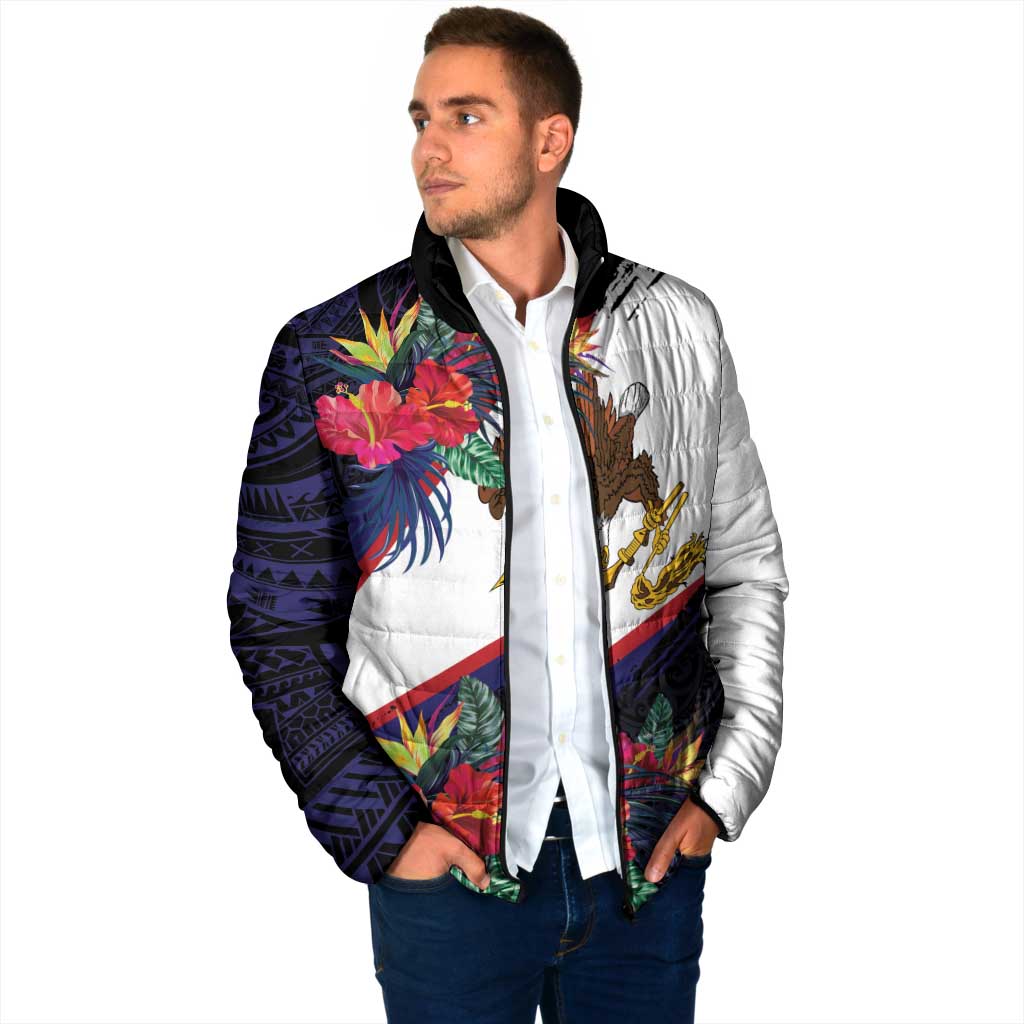 American Samoa Flag Day Since 1900 Padded Jacket Samoa Muamua Le Atua Tropical Flowers - Polynesian Pride