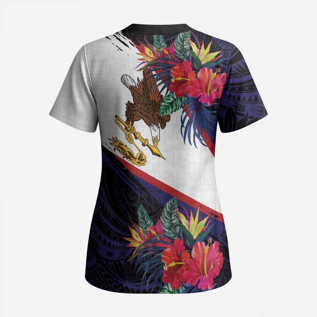 American Samoa Flag Day Since 1900 Scrub Top Samoa Muamua Le Atua Tropical Flowers - Polynesian Pride