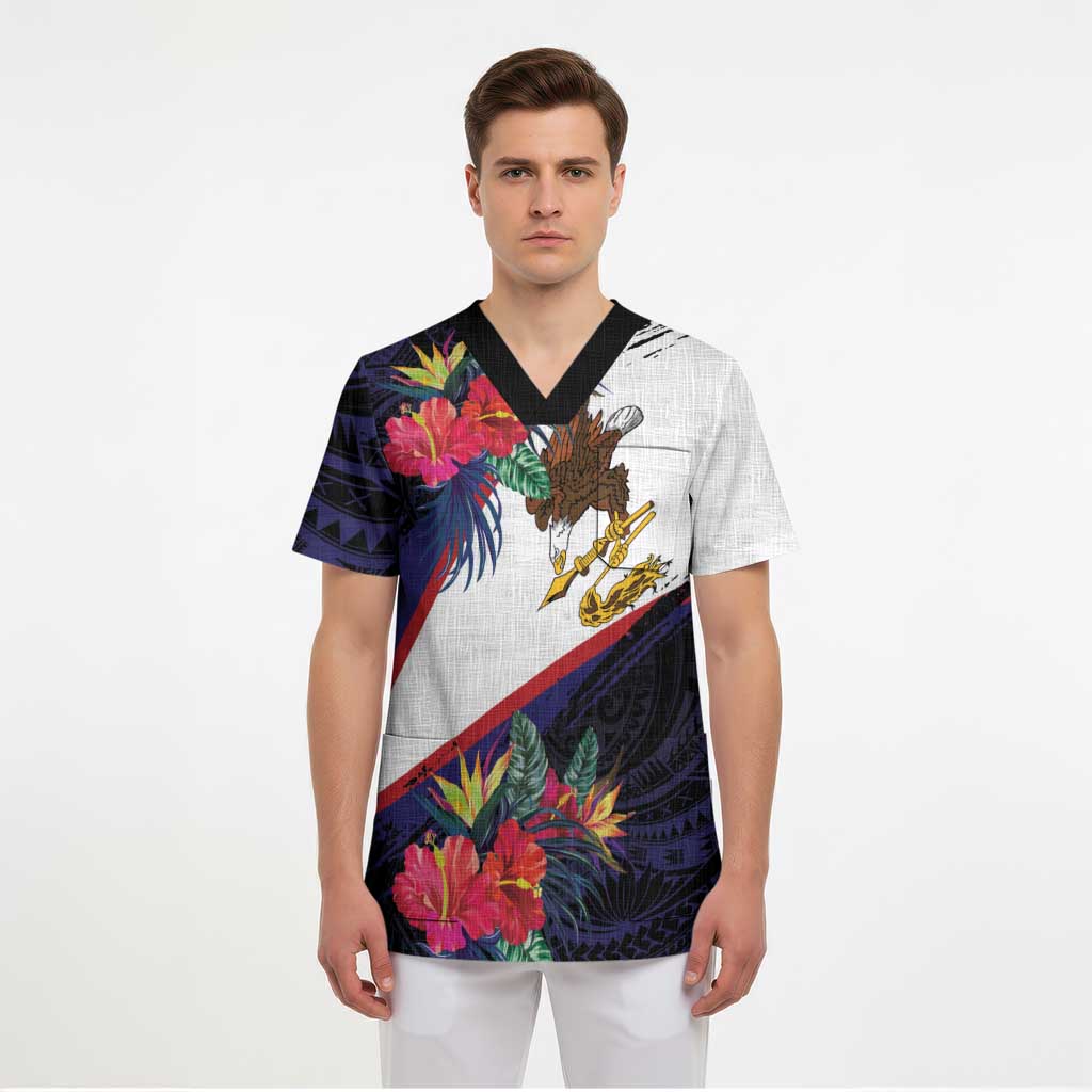 American Samoa Flag Day Since 1900 Scrub Top Samoa Muamua Le Atua Tropical Flowers - Polynesian Pride