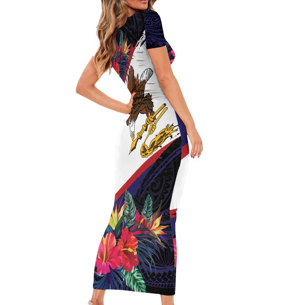 American Samoa Flag Day Since 1900 Short Sleeve Bodycon Dress Samoa Muamua Le Atua Tropical Flowers