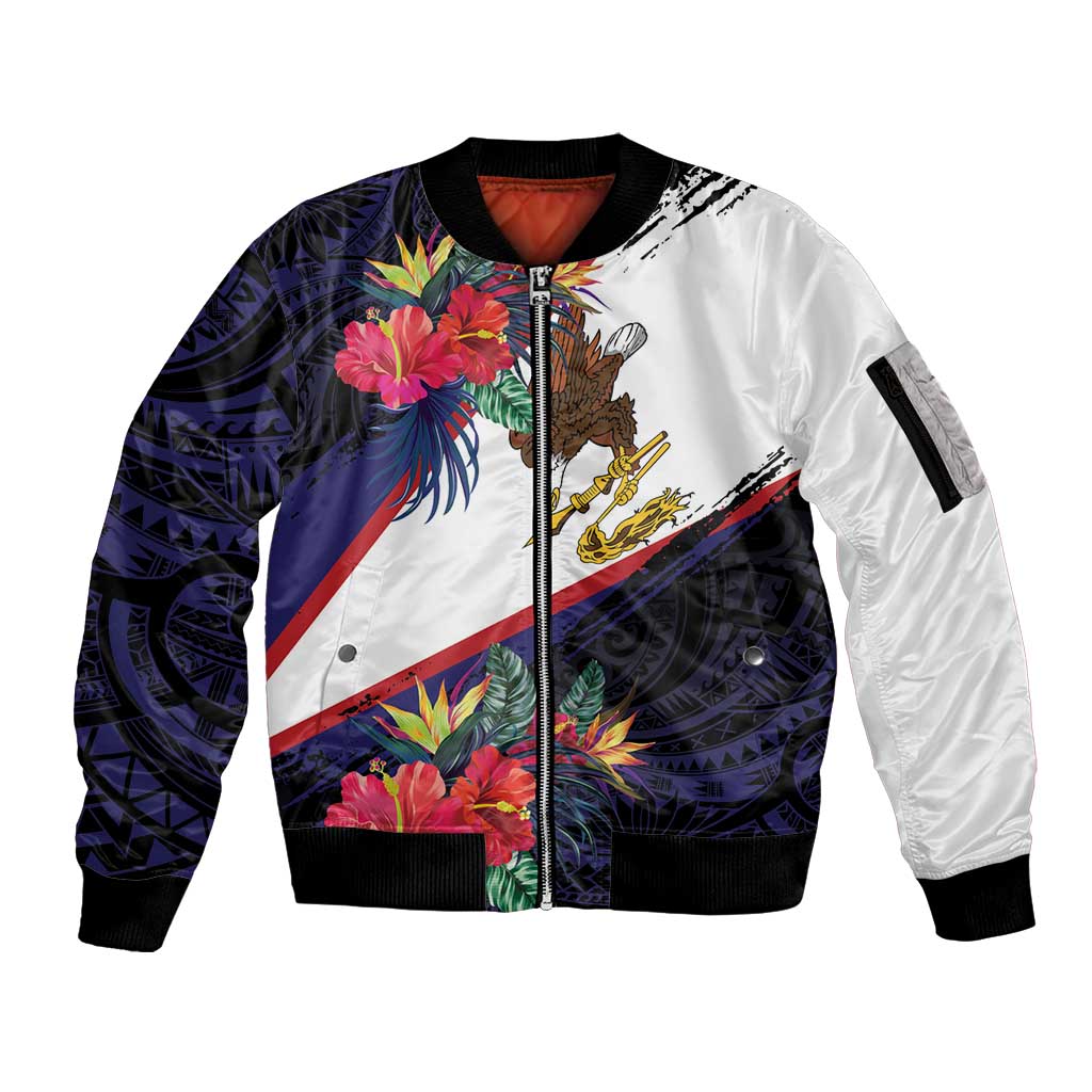 American Samoa Flag Day Since 1900 Sleeve Zip Bomber Jacket Samoa Muamua Le Atua Tropical Flowers