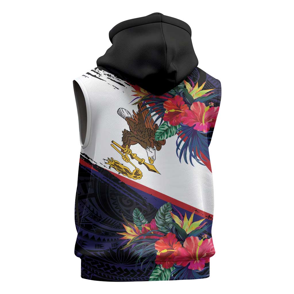 American Samoa Flag Day Since 1900 Sleeveless Hoodie Samoa Muamua Le Atua Tropical Flowers - Polynesian Pride