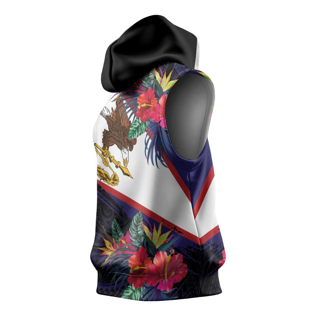 American Samoa Flag Day Since 1900 Sleeveless Hoodie Samoa Muamua Le Atua Tropical Flowers - Polynesian Pride