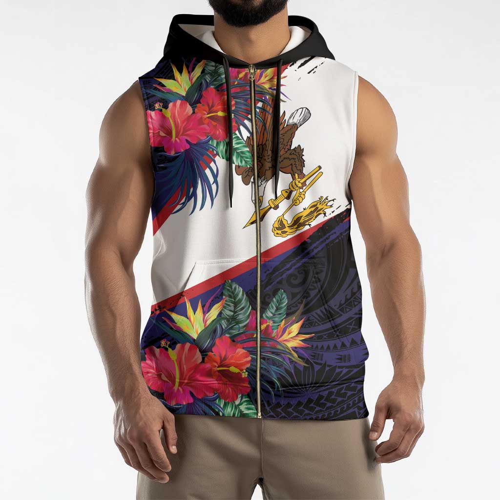 American Samoa Flag Day Since 1900 Sleeveless Zip Hoodie Samoa Muamua Le Atua Tropical Flowers - Polynesian Pride