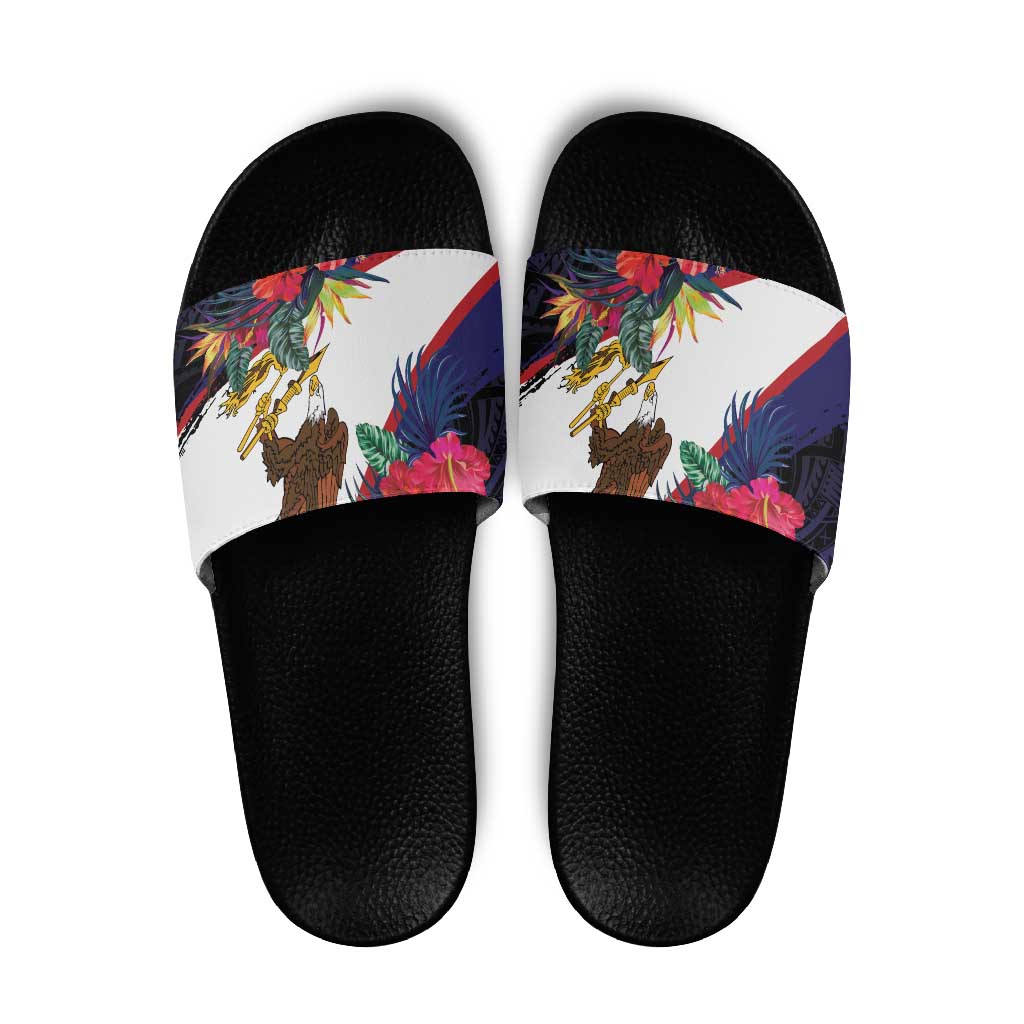 American Samoa Flag Day Since 1900 Slide Sandals Samoa Muamua Le Atua Tropical Flowers - Polynesian Pride