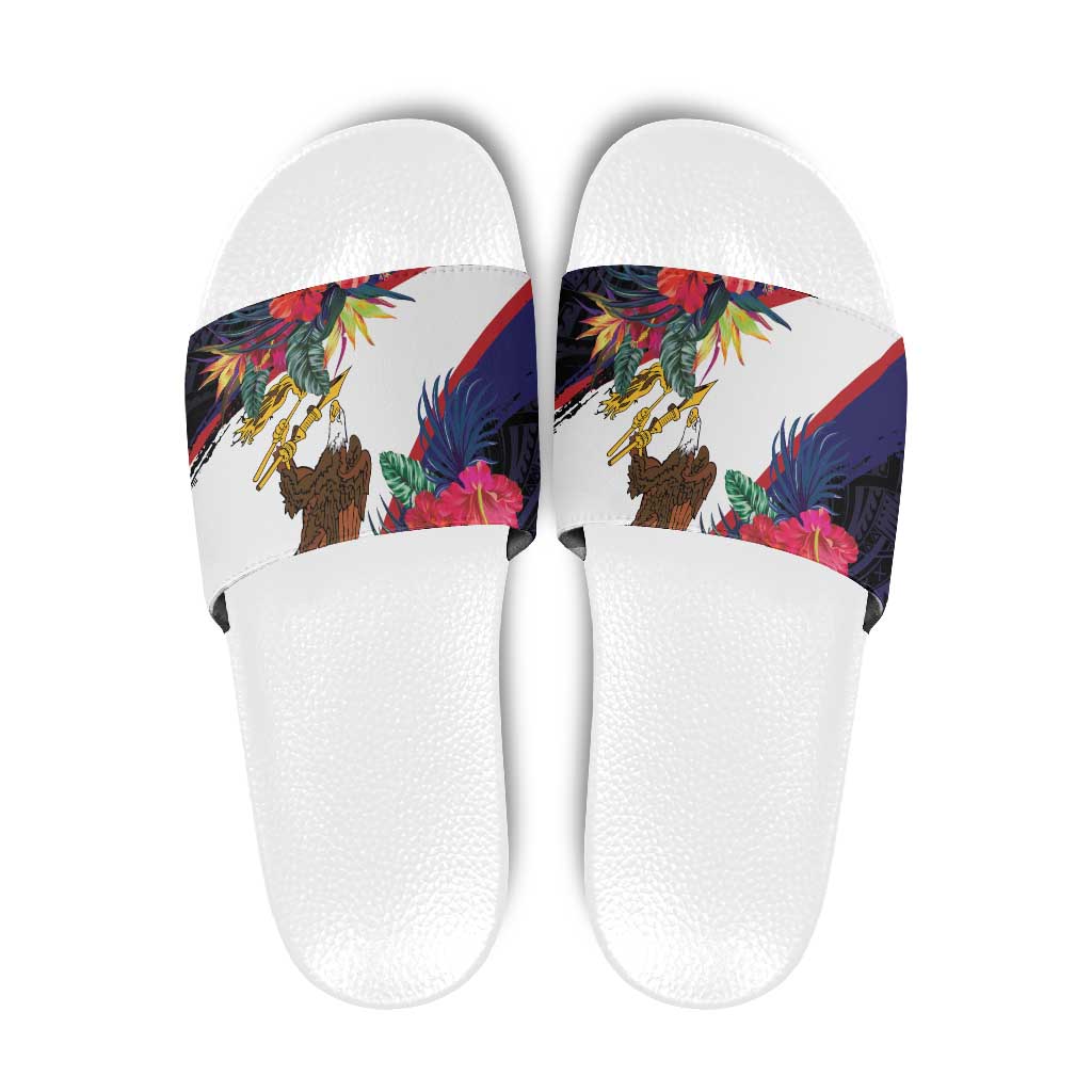 American Samoa Flag Day Since 1900 Slide Sandals Samoa Muamua Le Atua Tropical Flowers - Polynesian Pride