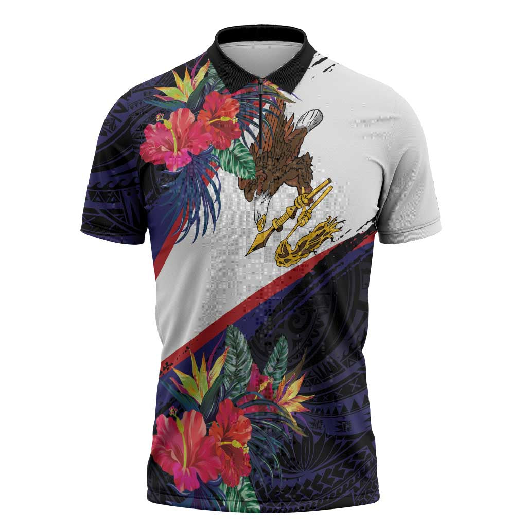 American Samoa Flag Day Since 1900 Zipper Polo Shirt Samoa Muamua Le Atua Tropical Flowers - Polynesian Pride