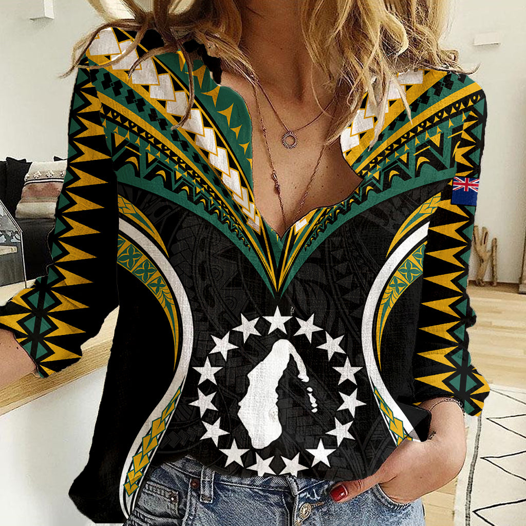 (Personalised) Polynesian Pride Aitutaki Island Women Casual Shirt Cook Islands Tribal Wave Style LT9 Female Black - Polynesian Pride