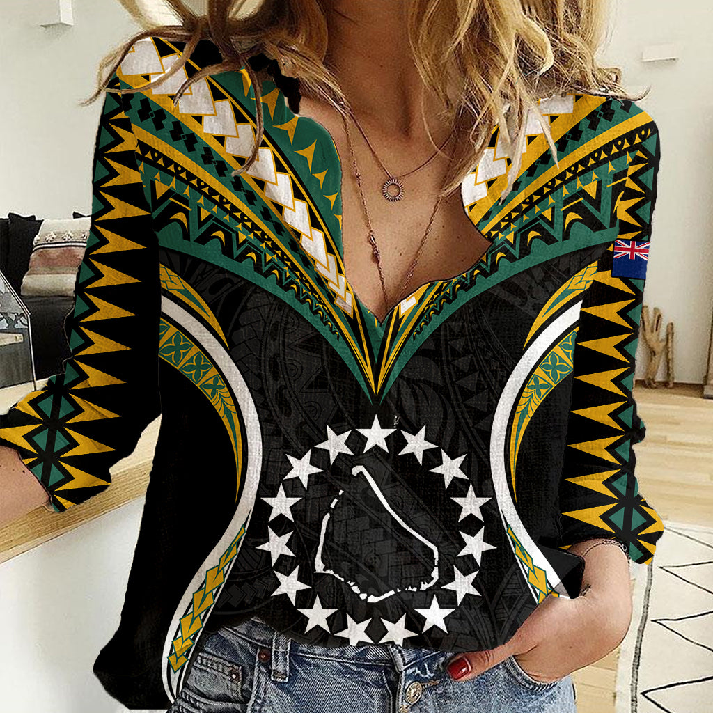 (Personalised) Polynesian Pride Manihiki Island Women Casual Shirt Cook Islands Tribal Wave Style LT9 Female Black - Polynesian Pride