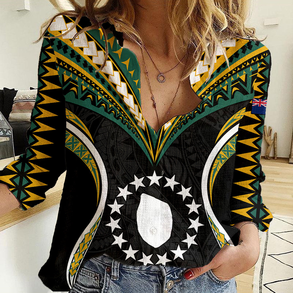 Polynesian Pride Mauke Island Women Casual Shirt Cook Islands Tribal Wave Style LT9 Female Black - Polynesian Pride