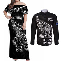 New Zealand Rugby Custom Couples Matching Off Shoulder Maxi Dress and Long Sleeve Button Shirt Opango All Black Fern