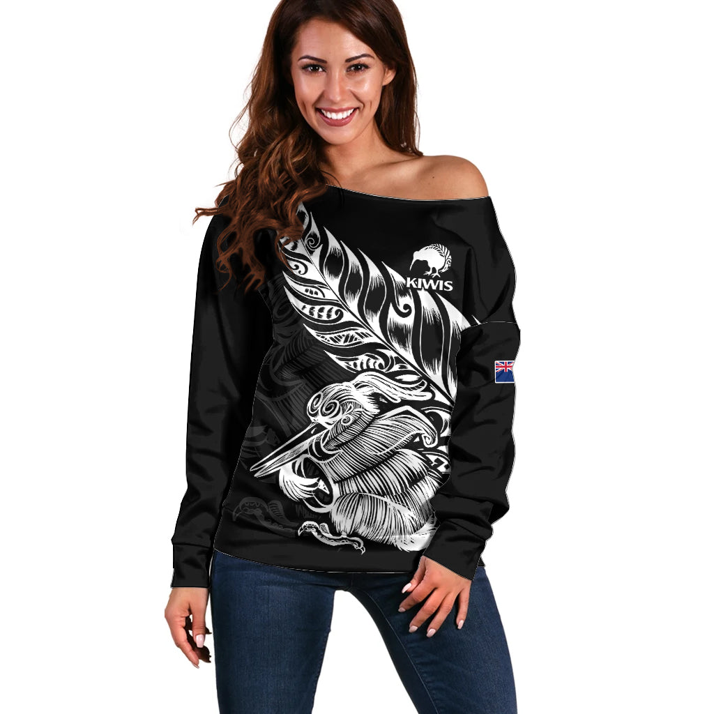 New Zealand Kiwi Rugby Off Shoulder Sweater LT9 Women Black - Polynesian Pride