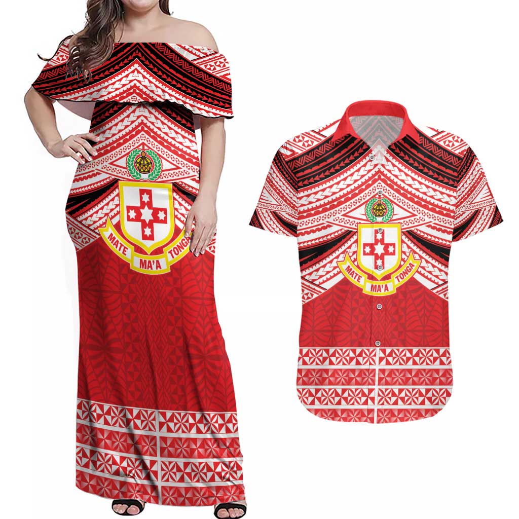 Personalised Kolisi Tonga College Atele Couples Matching Off Shoulder Maxi Dress and Hawaiian Shirt Polynesian Ngatu Tribal