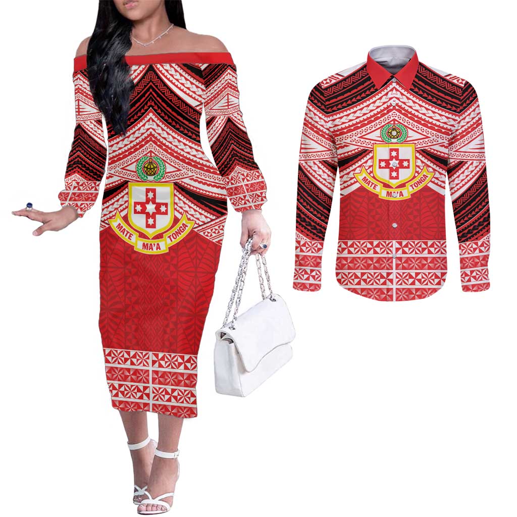 Personalised Kolisi Tonga College Atele Couples Matching Off The Shoulder Long Sleeve Dress and Long Sleeve Button Shirt Polynesian Ngatu Tribal