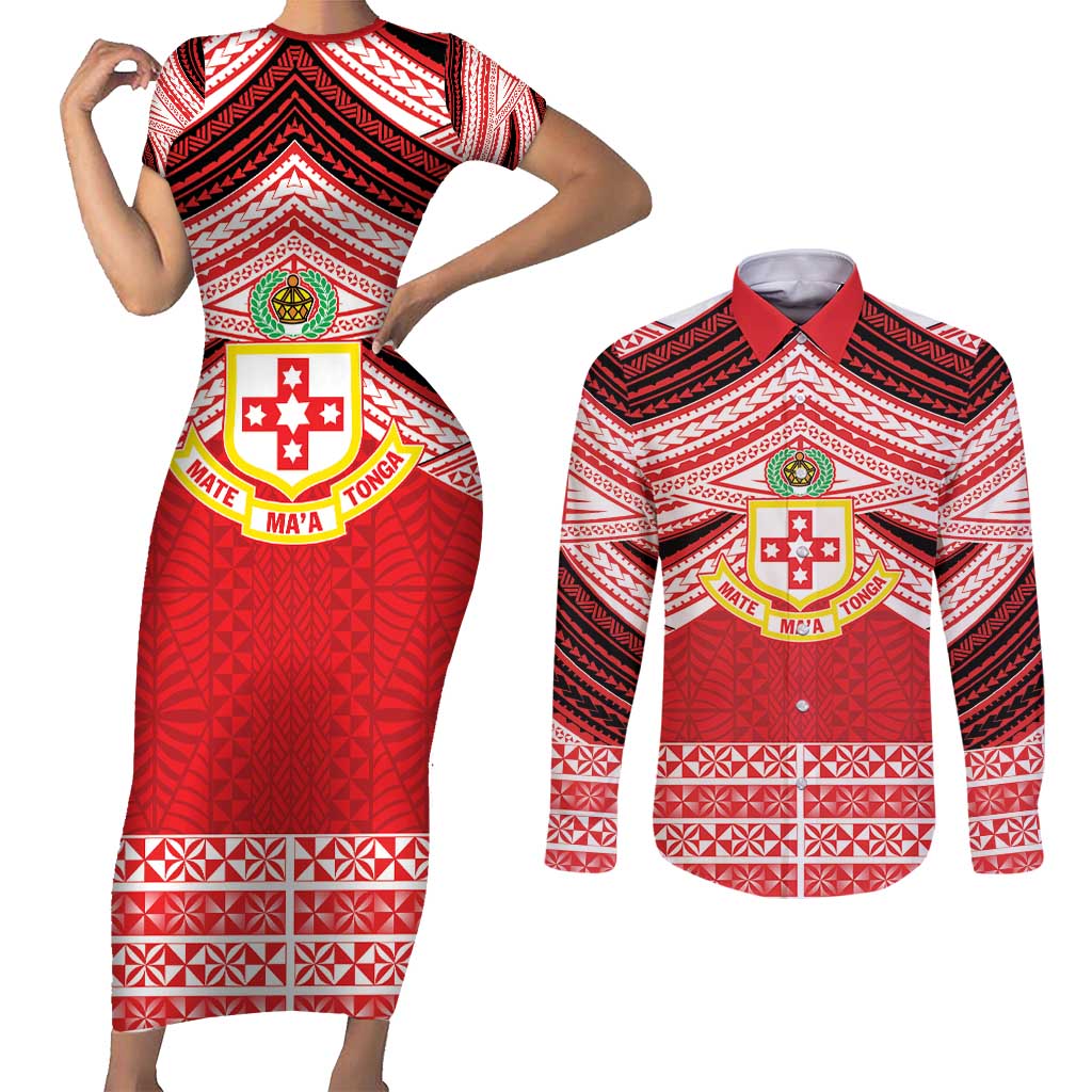 Personalised Kolisi Tonga College Atele Couples Matching Short Sleeve Bodycon Dress and Long Sleeve Button Shirt Polynesian Ngatu Tribal