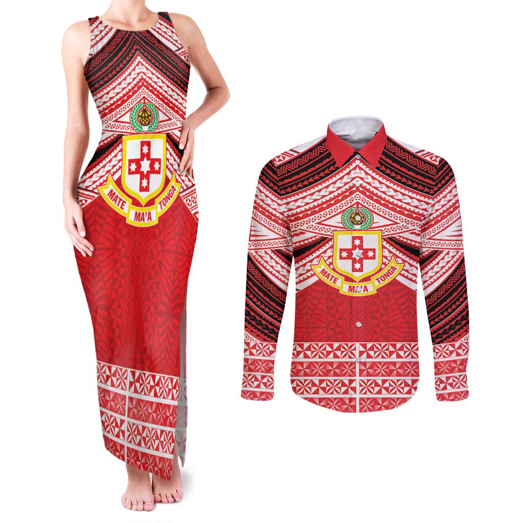 Personalised Kolisi Tonga College Atele Couples Matching Tank Maxi Dress and Long Sleeve Button Shirt Polynesian Ngatu Tribal