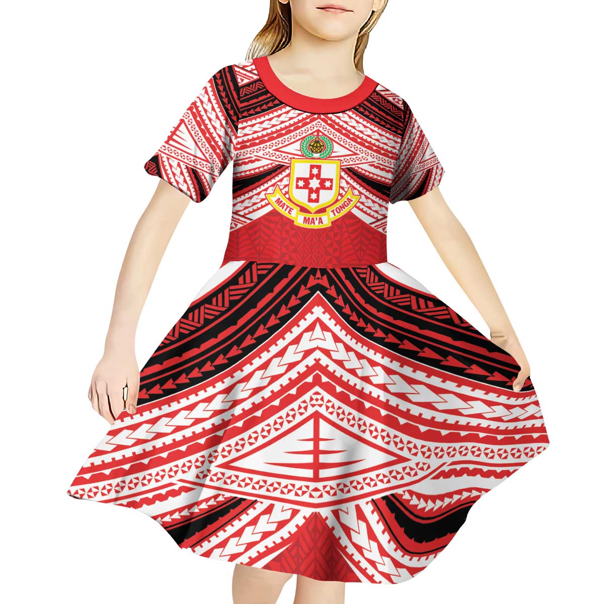 Personalised Kolisi Tonga College Atele Kid Short Sleeve Dress Polynesian Ngatu Tribal