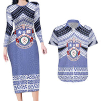 Personalised Tonga Apifoou College Couples Matching Long Sleeve Bodycon Dress and Hawaiian Shirt Polynesian Ngatu Tribal
