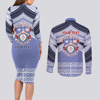 Personalised Tonga Apifoou College Couples Matching Long Sleeve Bodycon Dress and Long Sleeve Button Shirt Polynesian Ngatu Tribal