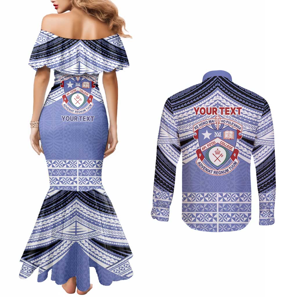 Personalised Tonga Apifoou College Couples Matching Mermaid Dress and Long Sleeve Button Shirt Polynesian Ngatu Tribal