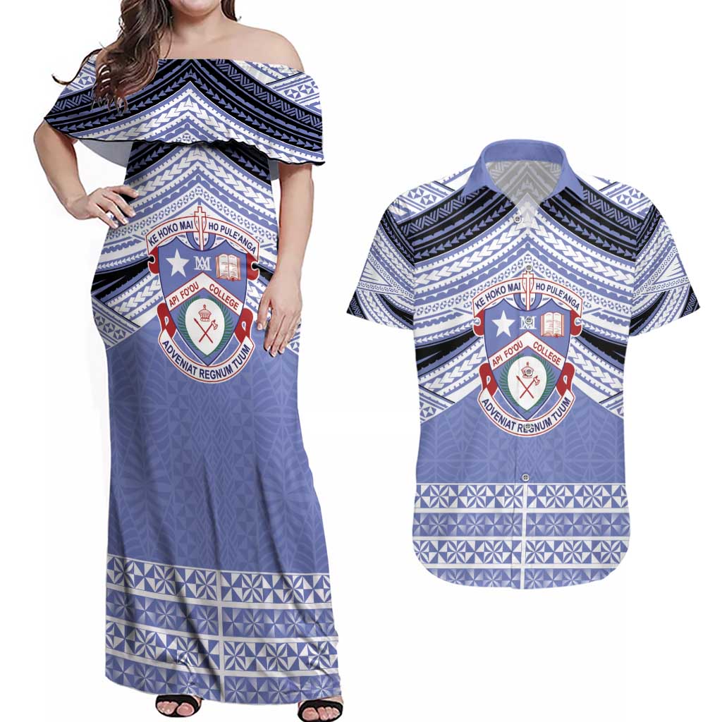 Personalised Tonga Apifoou College Couples Matching Off Shoulder Maxi Dress and Hawaiian Shirt Polynesian Ngatu Tribal