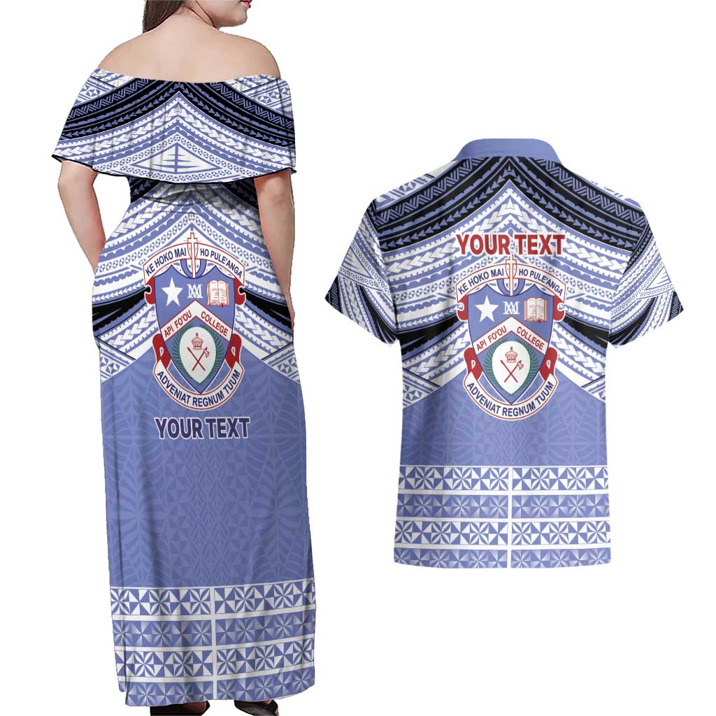 Personalised Tonga Apifoou College Couples Matching Off Shoulder Maxi Dress and Hawaiian Shirt Polynesian Ngatu Tribal