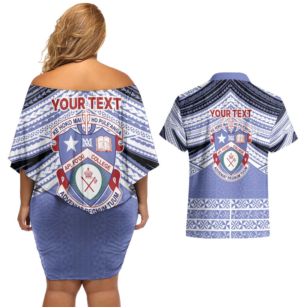 Personalised Tonga Apifoou College Couples Matching Off Shoulder Short Dress and Hawaiian Shirt Polynesian Ngatu Tribal