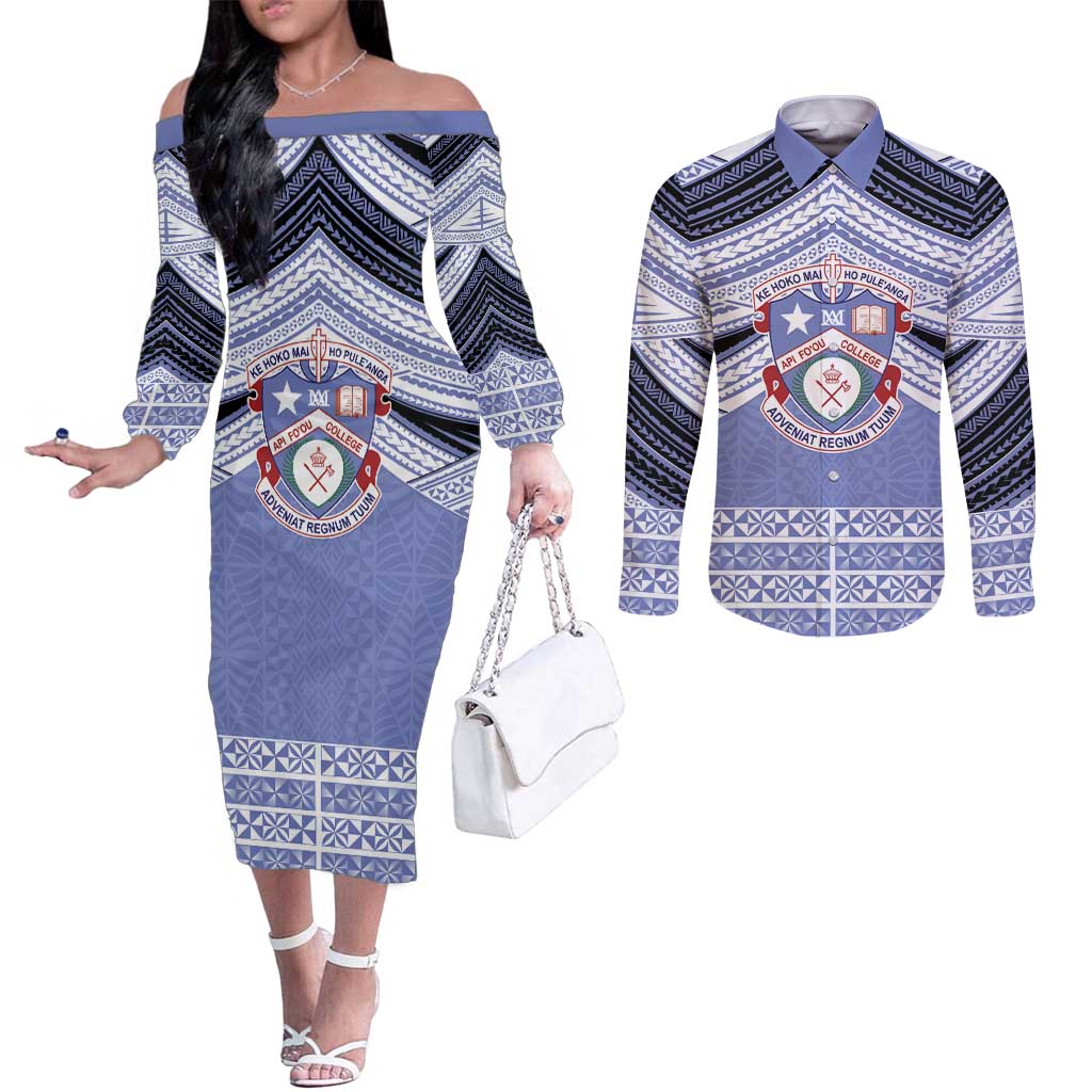 Personalised Tonga Apifoou College Couples Matching Off The Shoulder Long Sleeve Dress and Long Sleeve Button Shirt Polynesian Ngatu Tribal