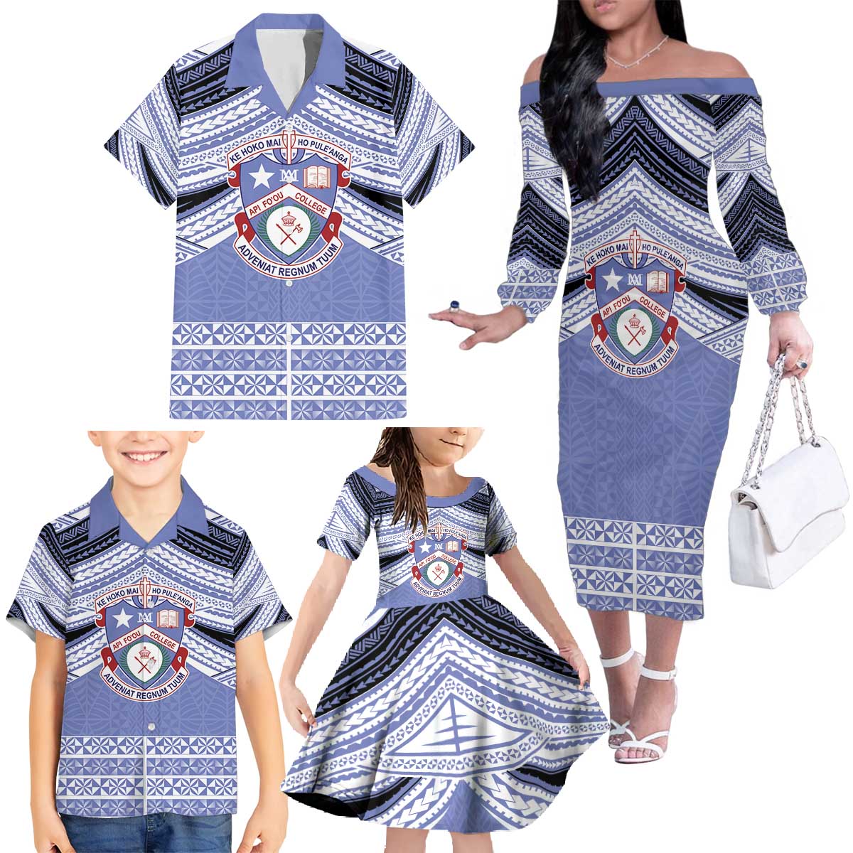 Personalised Tonga Apifoou College Family Matching Off The Shoulder Long Sleeve Dress and Hawaiian Shirt Polynesian Ngatu Tribal