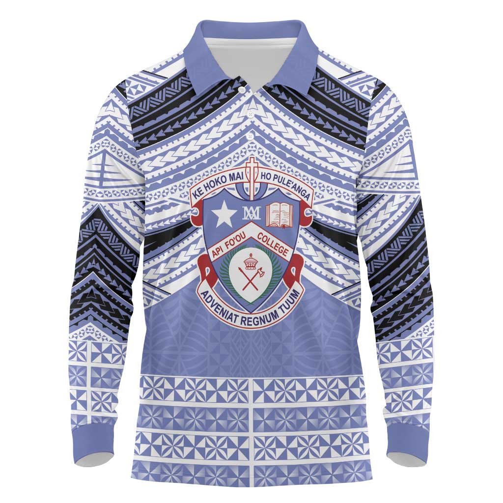 Personalised Tonga Apifoou College Long Sleeve Polo Shirt Polynesian Ngatu Tribal