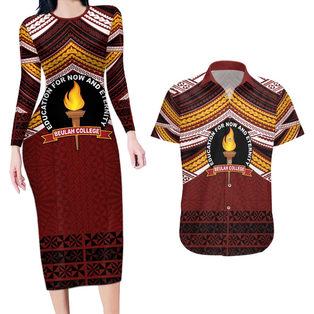 Personalised Tonga Beulah College Couples Matching Long Sleeve Bodycon Dress and Hawaiian Shirt Polynesian Ngatu Tribal