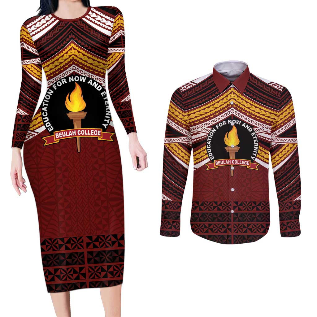 Personalised Tonga Beulah College Couples Matching Long Sleeve Bodycon Dress and Long Sleeve Button Shirt Polynesian Ngatu Tribal