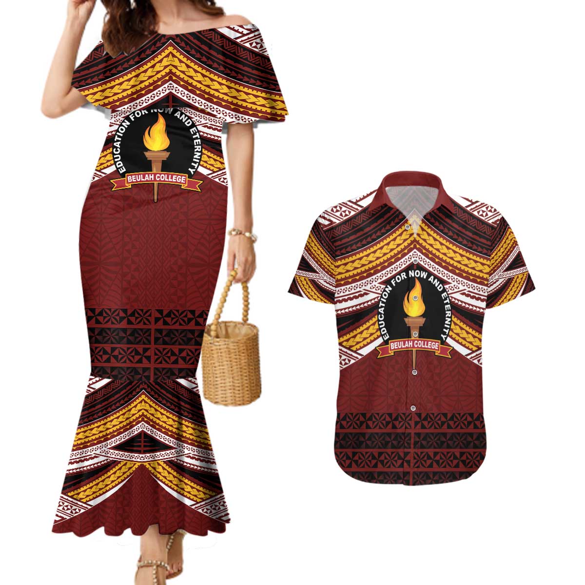 Personalised Tonga Beulah College Couples Matching Mermaid Dress and Hawaiian Shirt Polynesian Ngatu Tribal