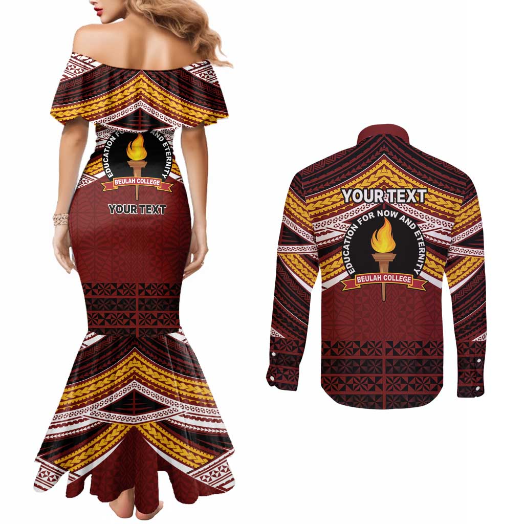 Personalised Tonga Beulah College Couples Matching Mermaid Dress and Long Sleeve Button Shirt Polynesian Ngatu Tribal